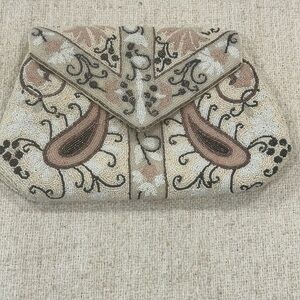 Elegant Beaded Clutch in Cream and Brown